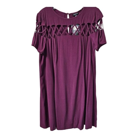TORRID New PURPLE LATTICE Short Sleeve Challis Trapeze Mini Dress M/L - Picture 1 of 16